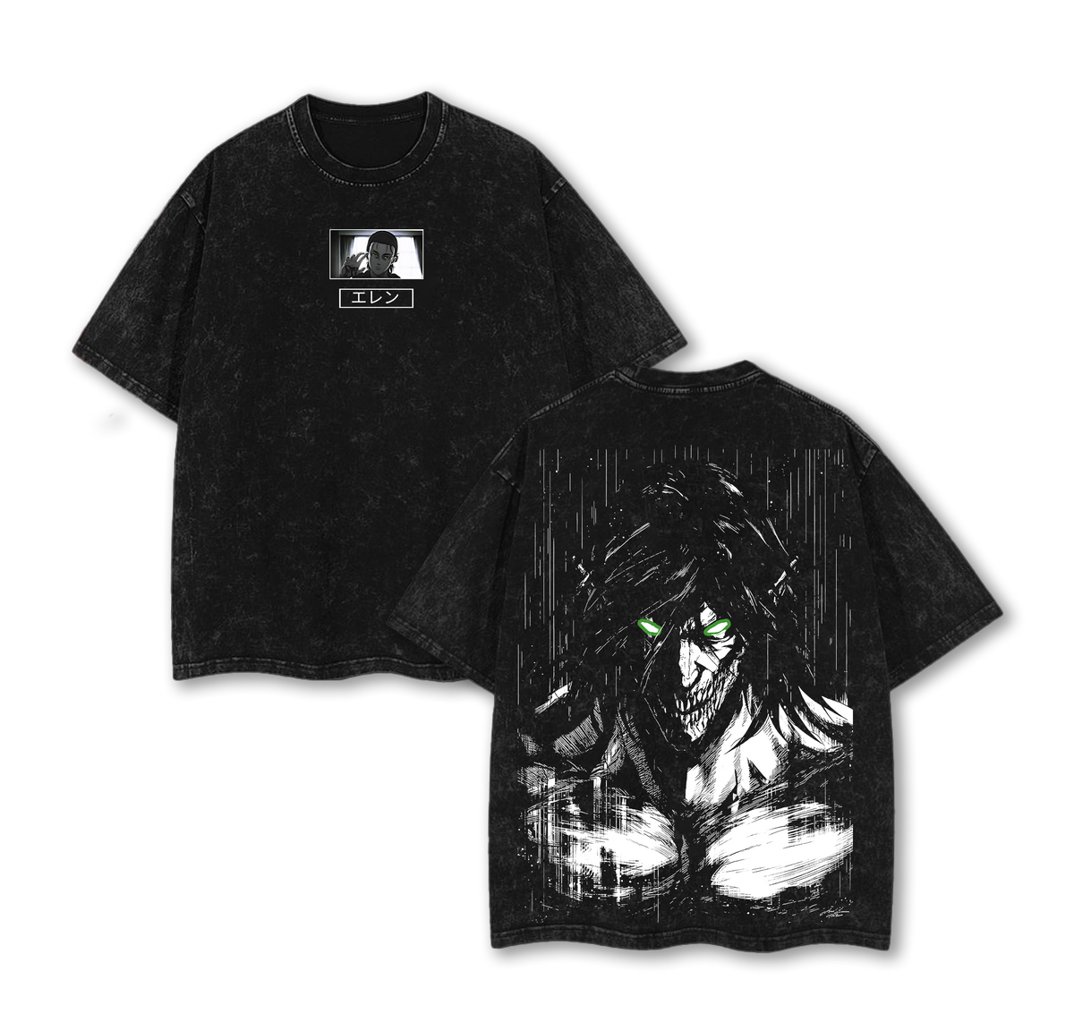 Retro Heavy Eren Yeager x Attack On Titan Anime Double Printed Men's Vintage Tees Washed Tee